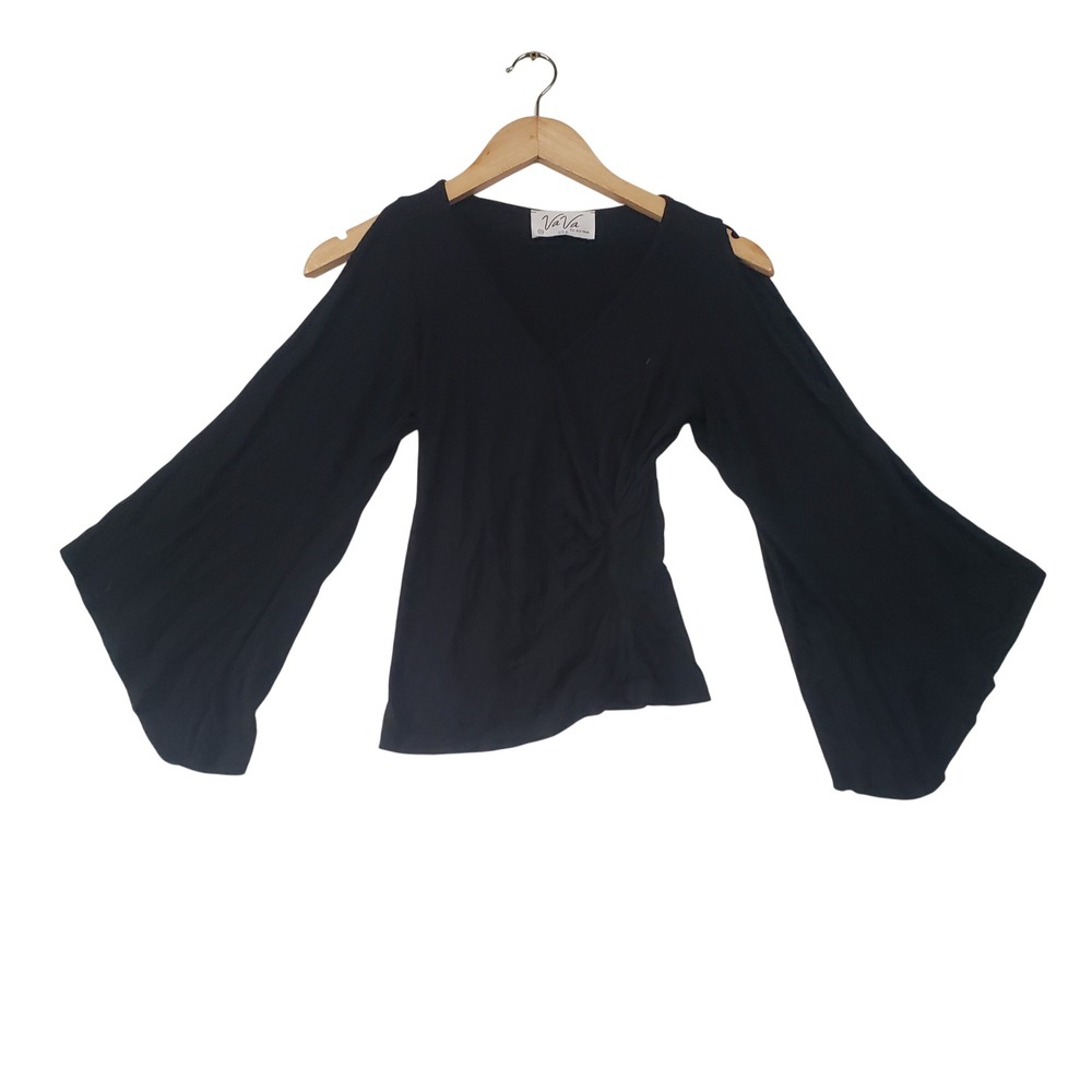 VaVa by Joy Han Top Womens XS Black Cold Shoulder Bell Sleeve Wrap Boho Festival